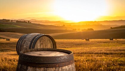 Obraz premium Vintage Barrel Display in Golden Wheat Field at Sunset a Rural Rustic Scene.