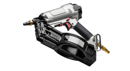 Pneumatic nail gun for construction and woodworking isolated on transparent background