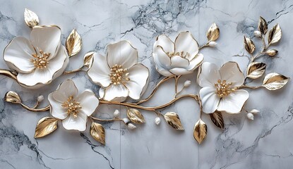 Fototapeta premium 3D floral white and gold flowers on a marble background, wall art design with 4 panels.
