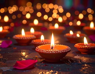 Warm glow of many diyas illuminating a festive night, creating a magical ambiance with soft bokeh lights and floral accents