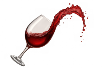 Red wine pouring from a tilted glass, creating a dynamic splash and flying drops on a transparent background