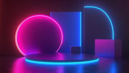 3D render, abstract background with glowing neon lines and geometric shapes in dark colors.