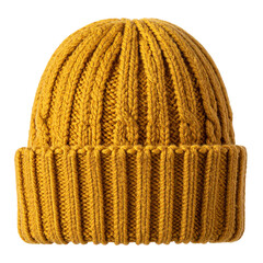 Fototapeta premium Mustard-Yellow Winter Knit Cap: A cozy mustard-yellow knit cap, radiating warmth and timeless style. The image captures the textures of the knitwear in exquisite detail.