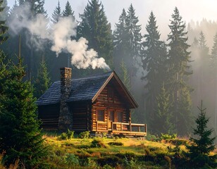 Wooden cabin nestled in forest with smoke rising from chimney