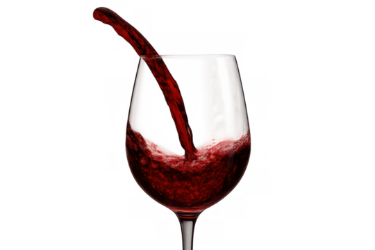 Red wine pouring into a clear wineglass, creating a dynamic splash and movement of liquid, on transparent background