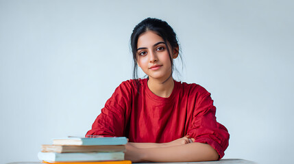 Portrait of a smiling student at a desk with books and study materials