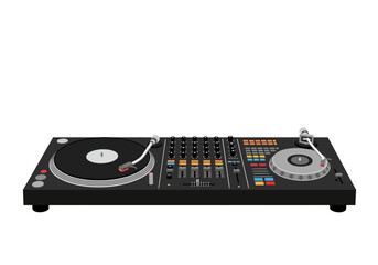 Fototapeta premium Black DJ Mixer with Turntables and Controls for Music Production.