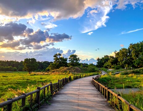 Wooden bridge leads into lush green field under cloudy blue sky