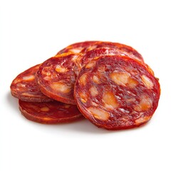 Fototapeta premium Smoked salami slices, isolated on white background.