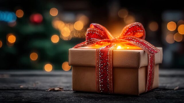 Unboxing a magical Christmas present with glowing ribbon and bokeh lights for holiday celebrations and festive cheer this season of giving
