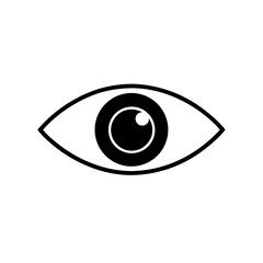 Simple stylized eye with pupil and iris in black ink on transparent background