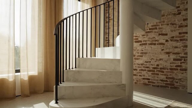 spiral staircase - A modern spiral staircase elegantly transitions from a polished marble base to a metal railing, illuminated by soft sunlight filtering through sheer curtains