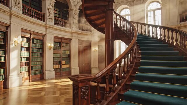 spiral staircase - A grand interior features an ornate wooden staircase leading up, surrounded by shelves filled with books, illuminated by soft, warm sunlight streaming through large windows