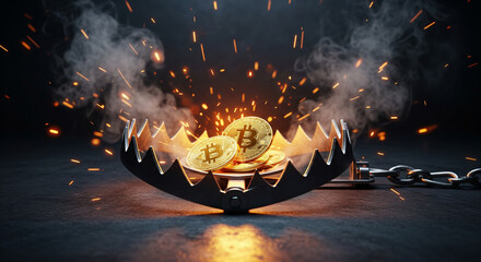 Bitcoin Coins Caught in Bear Trap with Sparks and Smoke Representing Cryptocurrency Investment Risks and Financial Danger