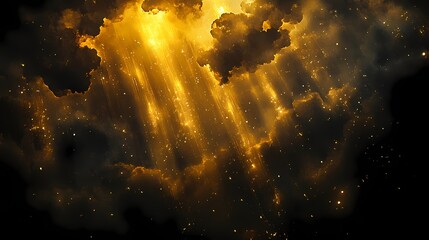 Ethereal golden light beams cascading through dark clouds, creating a mystical atmosphere