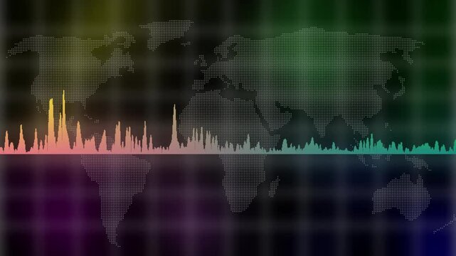 Sound wave audio spectrum earth map background. audio waveform spectrum animation. sound volume audio lines. Sound waves meter.