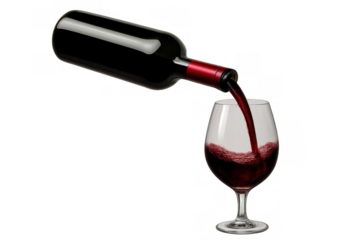Red wine pouring from bottle into a glass, splashing liquid drink on a transparent alpha channel background