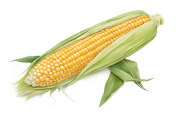 Realistic fresh sweet corn on the cob with green husk, partially peeled to expose juicy yellow kernels. Isolated on a transparent PNG background, perfect for food packaging mockups, farm product adver
