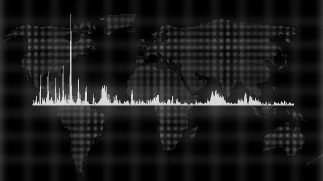 Sound wave audio spectrum earth map background. audio waveform spectrum animation. sound volume audio lines. Sound waves meter.