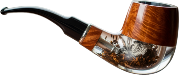 Elegant Wooden Tobacco Pipe with Silver Band and Burnt Ash, transparent background png 