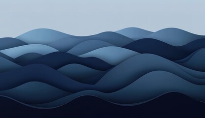 3D render of abstract blue water waves background, 2D illustration style, simple, vector art, flat design, low detail, no shadows, high contrast, dark blue color palette.