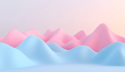 3D render of an abstract pastel blue and pink background with wavy hills and gradient colors.