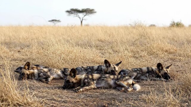 Painted African Wild Dogs Resting in the Savanna Sunlight