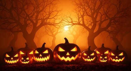 Glow of an evil jack o' lantern in the dark forest under an orange moon, a scary pumpkin illustration