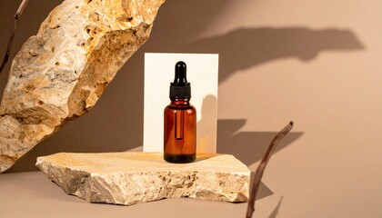 Amber Dropper Bottle on Travertine with Beige Background