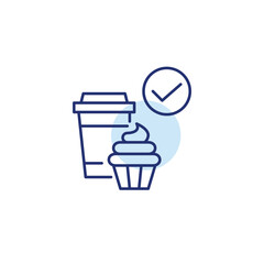 Takeaway coffee, cupcake and checkmark. Order approved, sweet snacks and breakfast menu. Pixel perfect, editable stroke vector icon