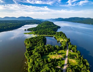 Aerial view of a serene lake bisecting a lush, forested island with a winding road, mountains in the distance under a blue sky
