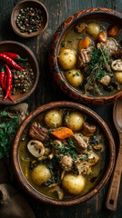 Buckwheat porridge with pieces of meat and mushrooms on a dark wooden background. Top view.