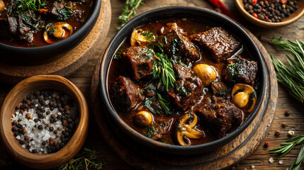 Buckwheat porridge with pieces of meat and mushrooms on a dark wooden background. Top view.