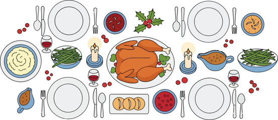 Festive thanksgiving dinner table setting with roasted turkey plates and cutlery vector