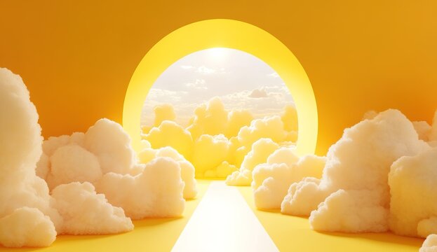 3D render, yellow background with white clouds and a tunnel.