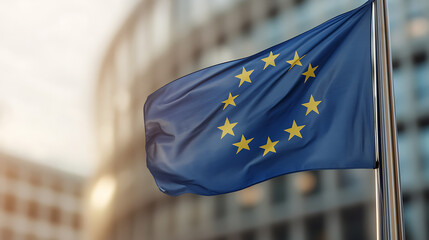 Symbol of international cooperation: a waving flag featuring golden stars on a blue field, emblem of unity, freedom, and progress. Close-up in soft light.