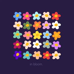 Colorful floral illustration of flowers in various colors isolated on a dark purple background with text 