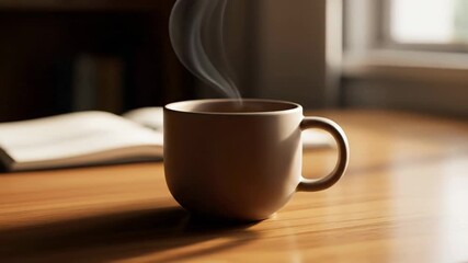 Steaming hot coffee cup on a wooden table with a book in a cozy indoor setting with natural light. - Powered by Adobe
