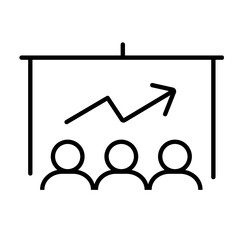 Minimalist line icon of business presentation with whiteboard and upward line graph and figures of peoples audience. Business presentation, teamwork, leadership, analytics, growth strategy, etc.