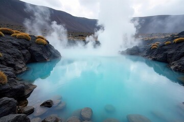 Iceland Geothermal Hot Spring Relaxing in a Stunning Volcanic Landscape. Ethereal Steam, Crystal Clear Water, Healing and Idyllic Retreat.