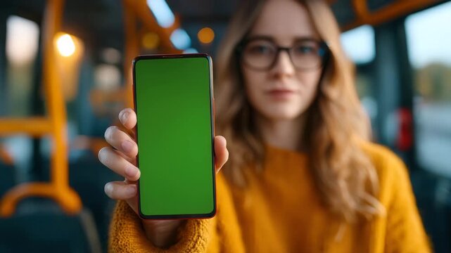 Woman on the bus holds her phone with green screen for easy insertion of your product or service video, modern technology for advertising solutions