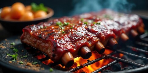 Close-Up of Juicy Barbecue Ribs Glistening on Smoky Coals, Delicious Fatty Texture, Grilling Outdoors