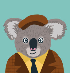 Avatar koala in cap, suit, tie.  Animal character, avatar, Hand drawn vector illustration.