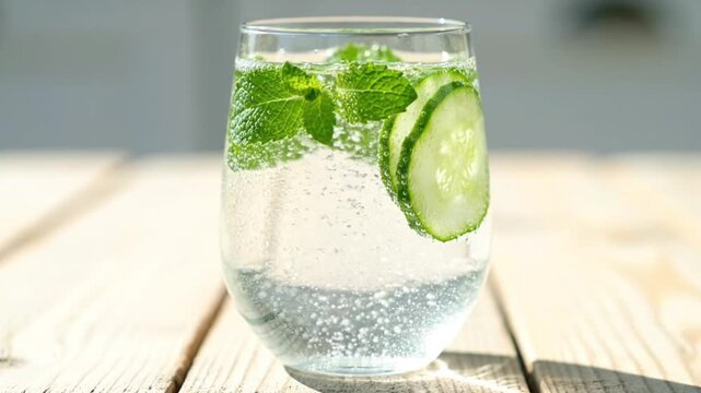 Refreshing sparkling water with cucumber and mint in a glass on a rustic wooden table