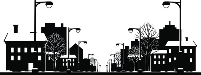 Obraz premium Vector silhouette cityscape of buildings trees and streetlights urban scene collection vector