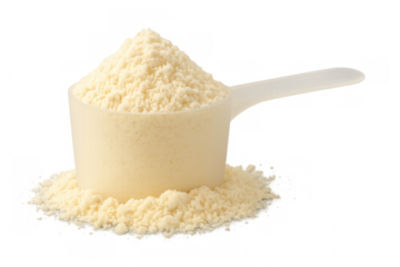 Protein powder scoop full of nutrition supplement for fitness and bodybuilding, isolated on transparent background