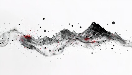 3D rendering of black and red dots on a mountain landscape, a data visualization concept with a low-poly wave pattern for a technology background. Digital dynamic sound waves