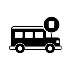 Black silhouette of a bus with a stop sign icon on transparent background