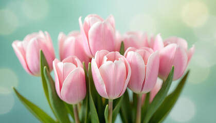 Fototapeta premium Fresh Pink Tulips Bouquet on Soft Blue Background