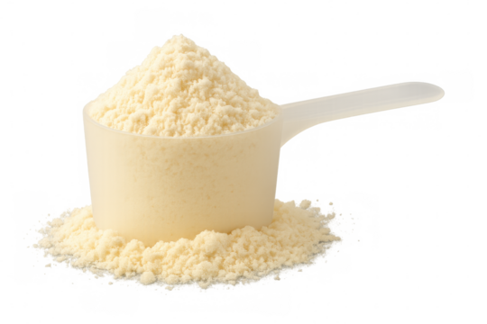 Protein powder scoop full of nutrition supplement for fitness and bodybuilding, isolated on transparent background